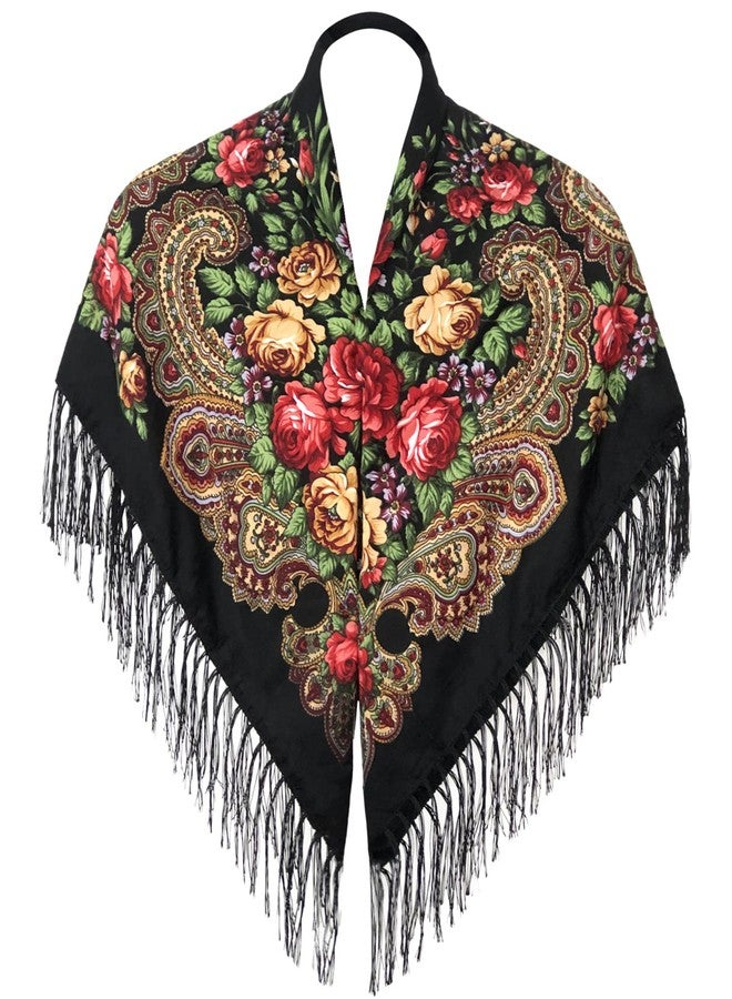 SmilerSmile Russian Style Muffler Warm Scarf with Tassel Women's Traditional Scarf Wrap Shawl Fringes Printing Cape (Black) - Image 1